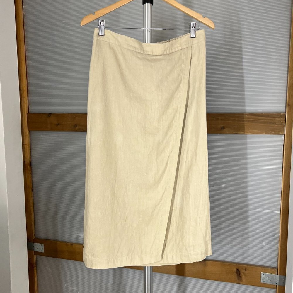 Eileen Fischer Tan 100% Linen A-Line‎ Faux Wrap Midi Skirt Sz S